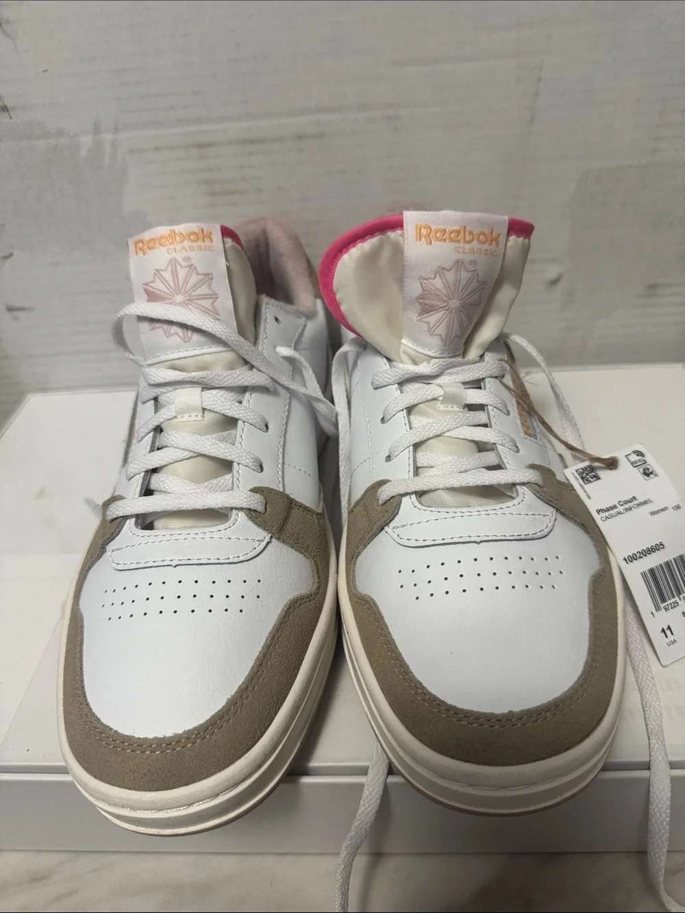 Reebok White Sneakers with Beige Suede and Pink Accents